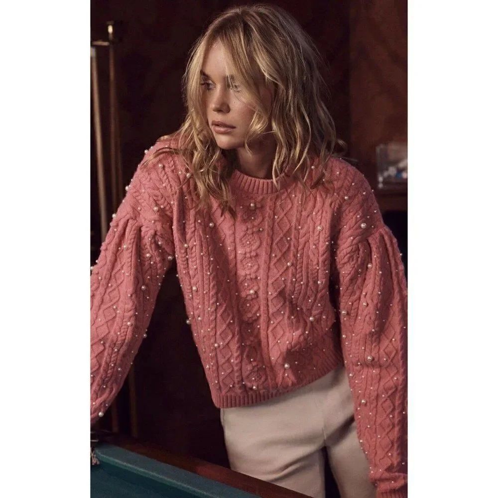 NWT SOMETHING NAVY Sz XS SHELBY PEARL CABLE KNIT SWEATER IN BUBBLEGUM PINK